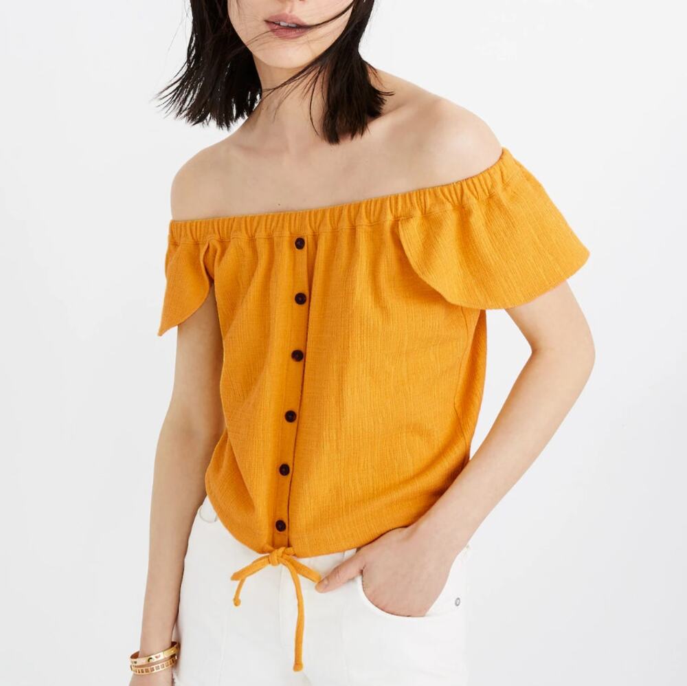 MADEWELL Texture & Thread Off-the-Shoulder Top Ruffle Sleeve Gold Womens Size M
